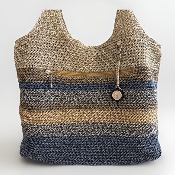 The Sak Shoulder Bag Blue Tan Crochet Striped Tote Zip Top Hobo 14x11.5” - Picture 1 of 6